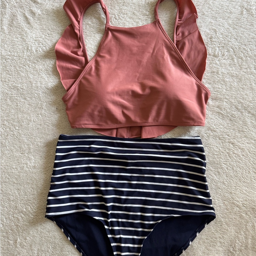 Aerie Bikini Pink Ruffle Top and Blue Stripe High Waisted Bikini Bottom